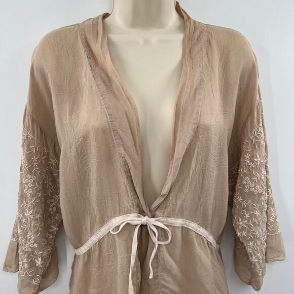 Johnny Was Women's Brown Lace 3/4 Sleeve V-Neck Belted Top Blouse Size XS - Picture 2 of 12